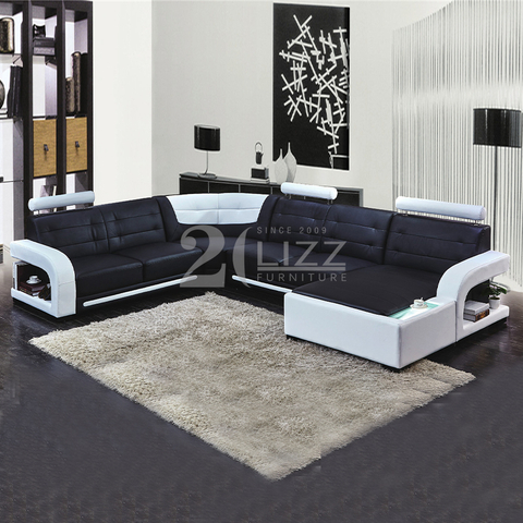 Divano componibile a led in pelle a forma di U con chaise longue
