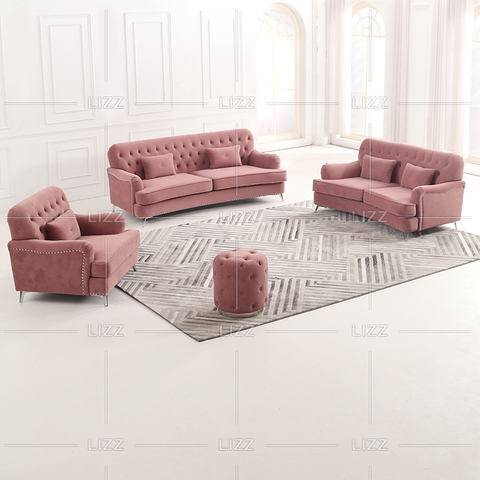 Divano da salotto classico piccolo rosa con sgabello