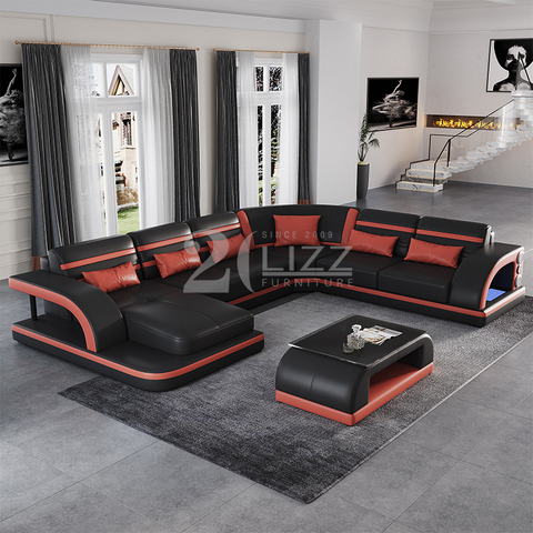 Divano da salotto moderno in pelle con chaise