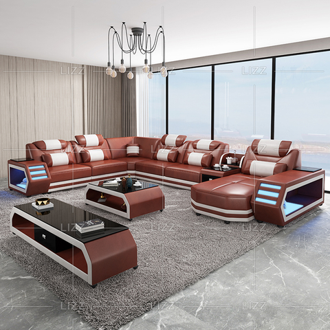 Divano moderno in vera pelle marrone LED all'ingrosso