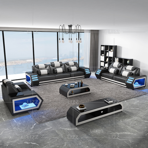 Divano componibile a led in pelle di medie dimensioni con schienali a cuscino