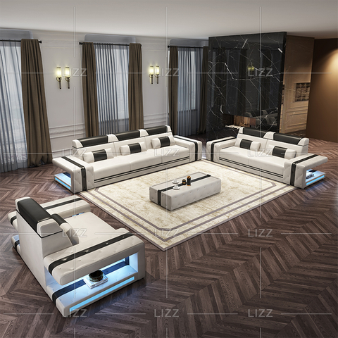 Elegante divano componibile a led in tela con tavolo