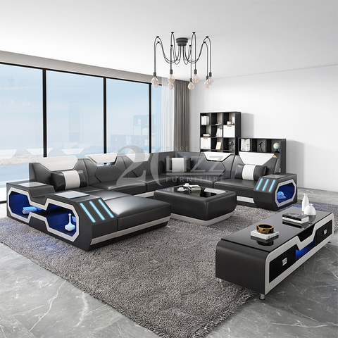 Divano Componibile Led in Vera Pelle con Chaise Lounge