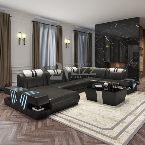 Divano da salotto moderno in pelle con chaise