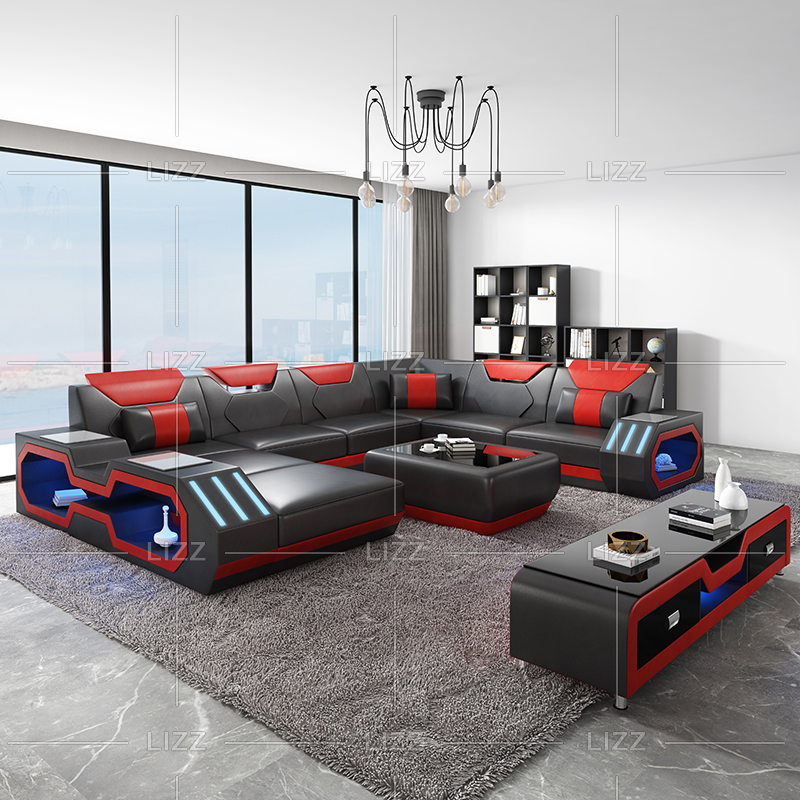 Bellissimo divano da soggiorno nero e rosso a forma di U